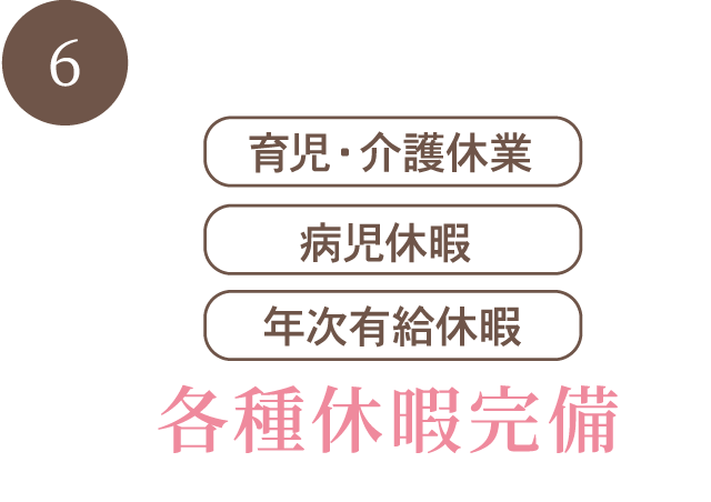 育児・介護休暇 看護休暇 年次有給休暇 各種休暇完備